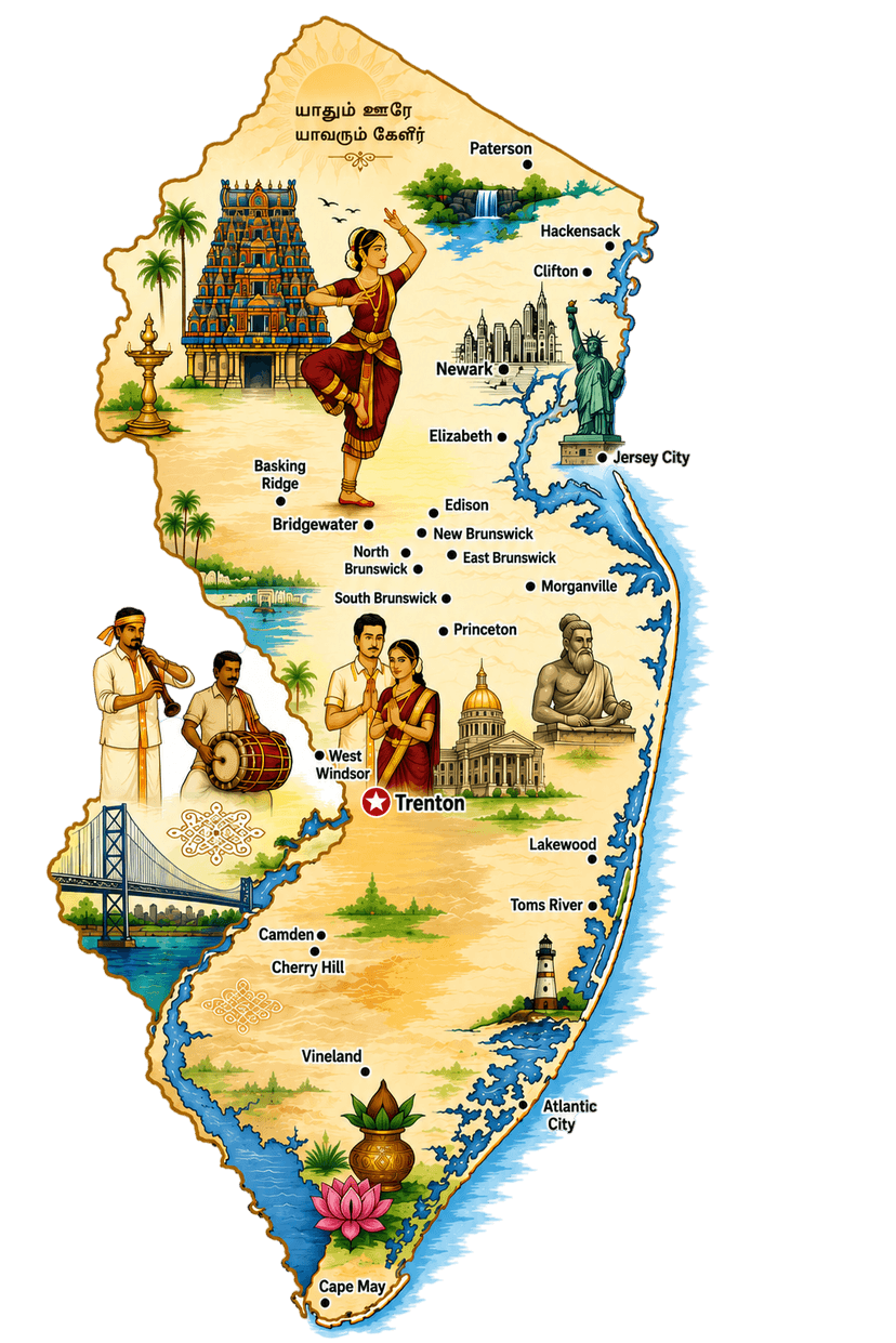 Illustrated map of New Jersey woven with Tamil culture — a temple gopuram, a Bharatanatyam dancer, Thiruvalluvar, and community life layered over the state's cities from Newark to Cape May